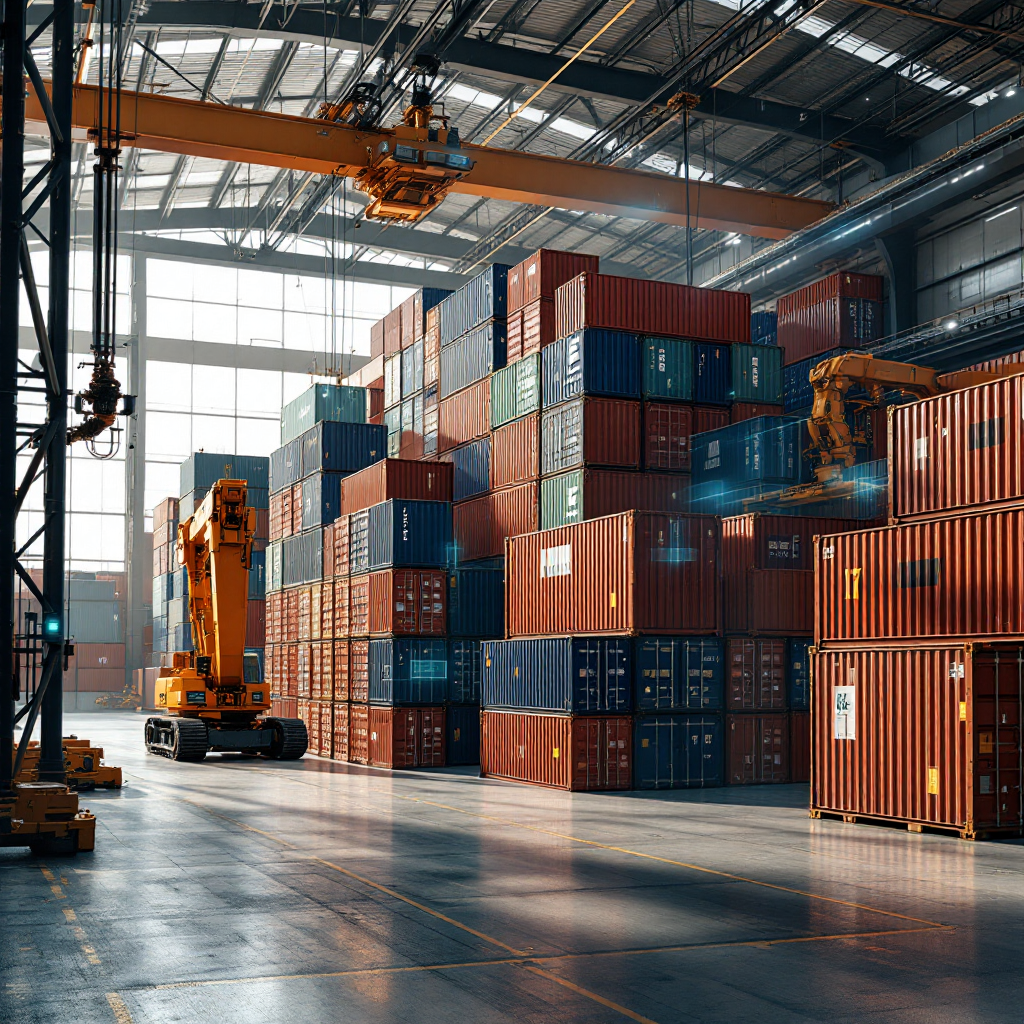 A modern yard with automated cranes stacking containers, view includes sensors and data overlays suggesting optimized container placement, daylight, no text