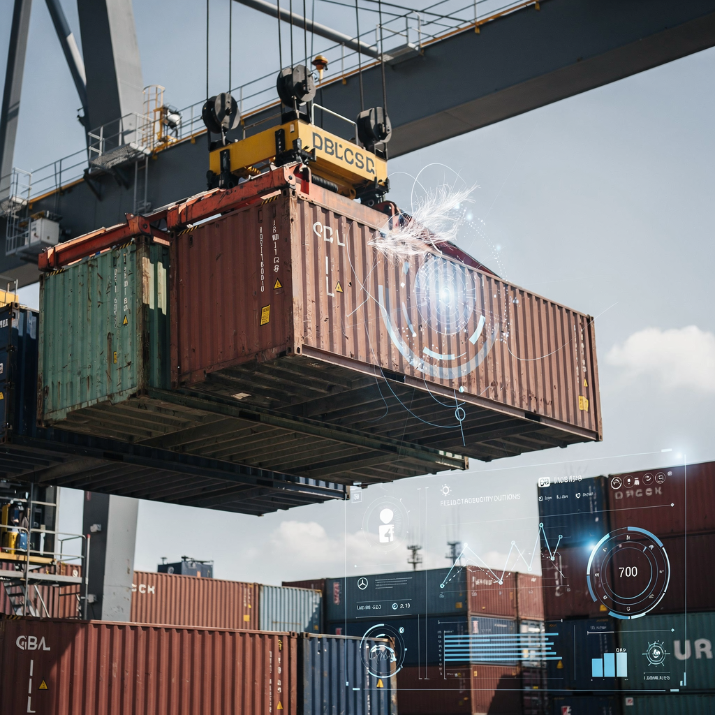 Automated quay crane lifting container with digital sensors A close-up of an automated quay crane lifting a container while sensors and a digital dashboard overlay hint at data-driven operations, bright daylight, no text