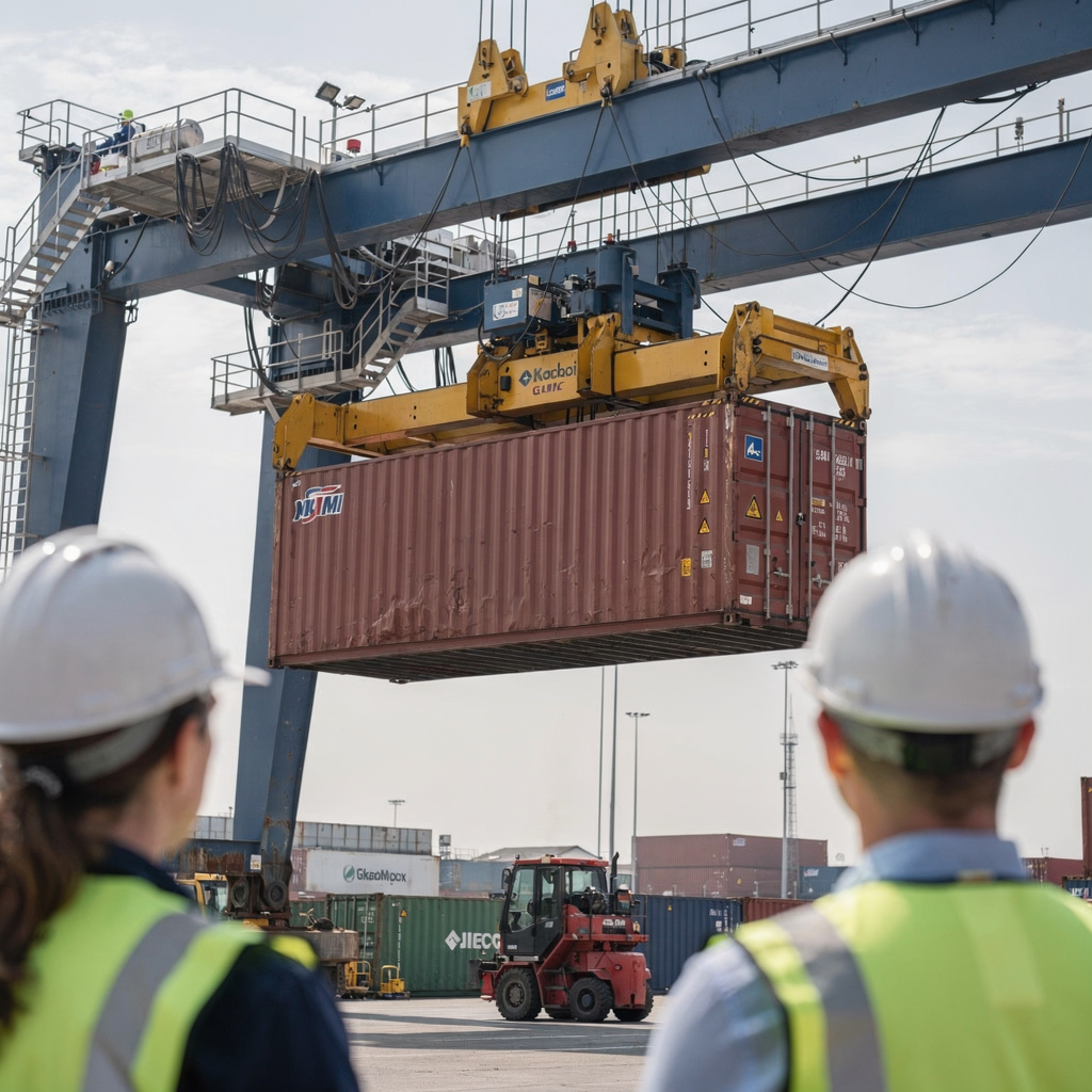 Close-up view of an automated electric quay gantry with a spreader lifting a container, with technicians observing from a safe distance, no text