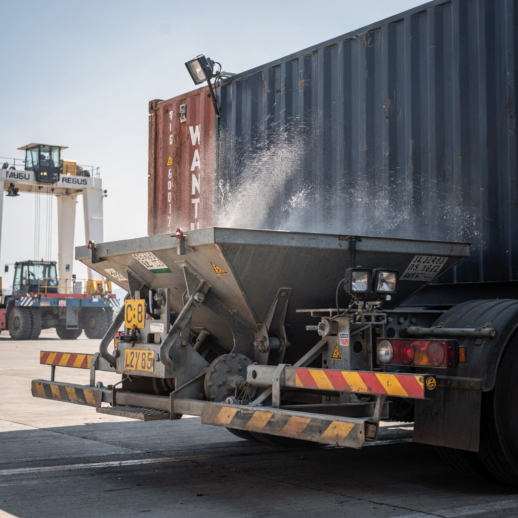 Close-up of an automated spreader engaging a shipping container with visible sensors and a straddle carrier in the background on a clear day