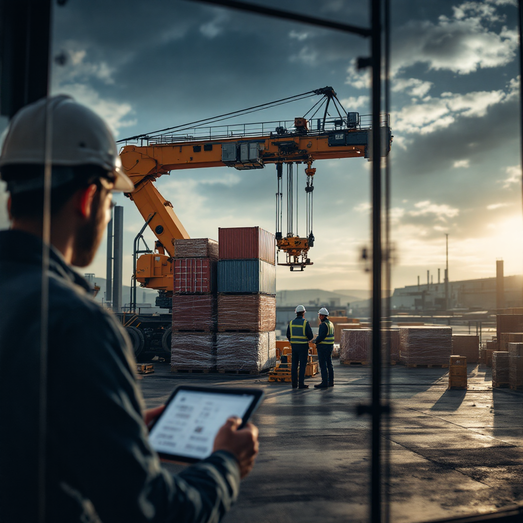 Close-up view of an automated stacking crane operating in a yard with sensor arrays and technicians monitoring a tablet nearby