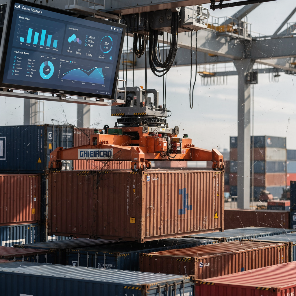 Close-up of an automated stacking crane unloading containers with a control room display in the background showing dashboards and live analytics, no text or numbers