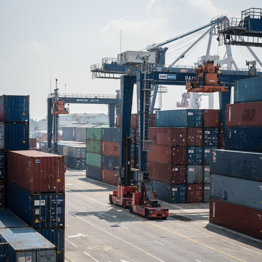 A detailed view of a container yard with automated stacking cranes, AGVs, and neatly arranged container stacks. The scene includes clear lanes, no text, and a neutral sky.