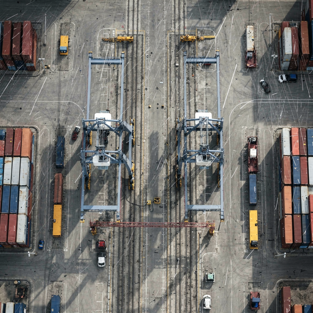 Automated stacking cranes and AGVs coordinating in a container yard A detailed top-down view of a modern container yard showing two automated stacking cranes moving along rails with AGVs in buffer zones, no text or numbers
