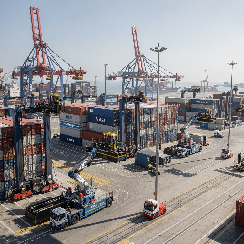 Robotic container handling with automated stacking cranes and automated guided vehicles operating in a modern port yard, showing systematic layout and minimal human presence