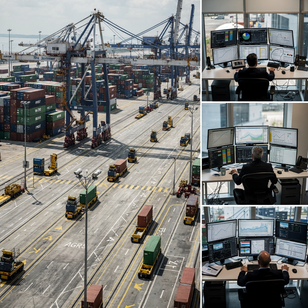 Automated stacking cranes and AGVs in an automated terminal A modern automated terminal showing automated stacking cranes working in a yard, AGVs moving in organised lanes, and an operations control room with staff monitoring digital dashboards