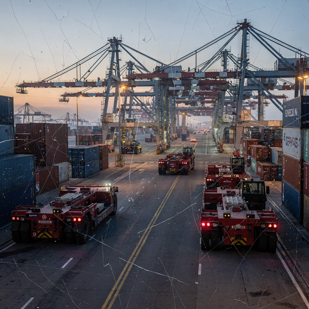 Automated stacking cranes and shuttle carriers in a port yard A modern container terminal yard at dusk with automated stacking cranes and shuttle carriers operating, clear lanes and visible container stacks, no text