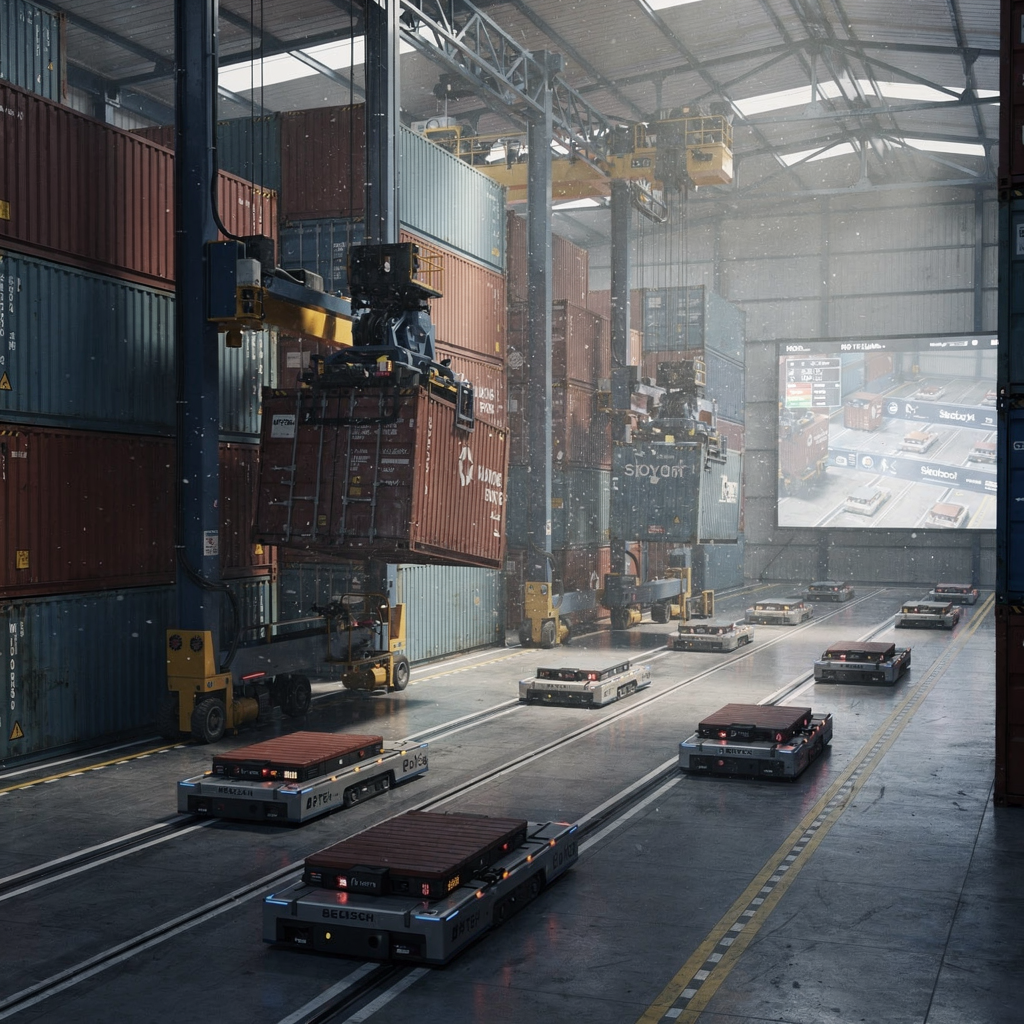 Automated stacking cranes in a container yard Interior of a modern automated container yard with automated stacking cranes moving containers between high stacks, electric AGVs on lanes, and a control room screen visible in the background