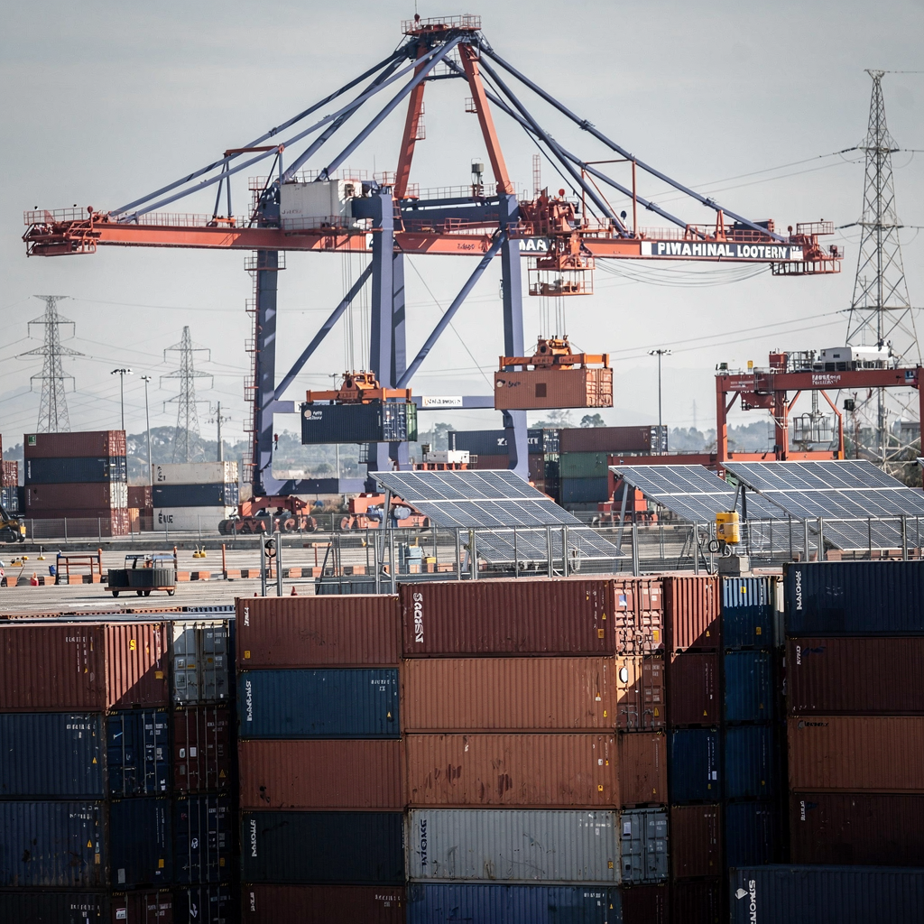 Automated stacking cranes in a green terminal yard A close-up view of a port yard showing automated stacking cranes lifting containers into neat rows, with solar panels and electric infrastructure visible in the background, no text or numbers