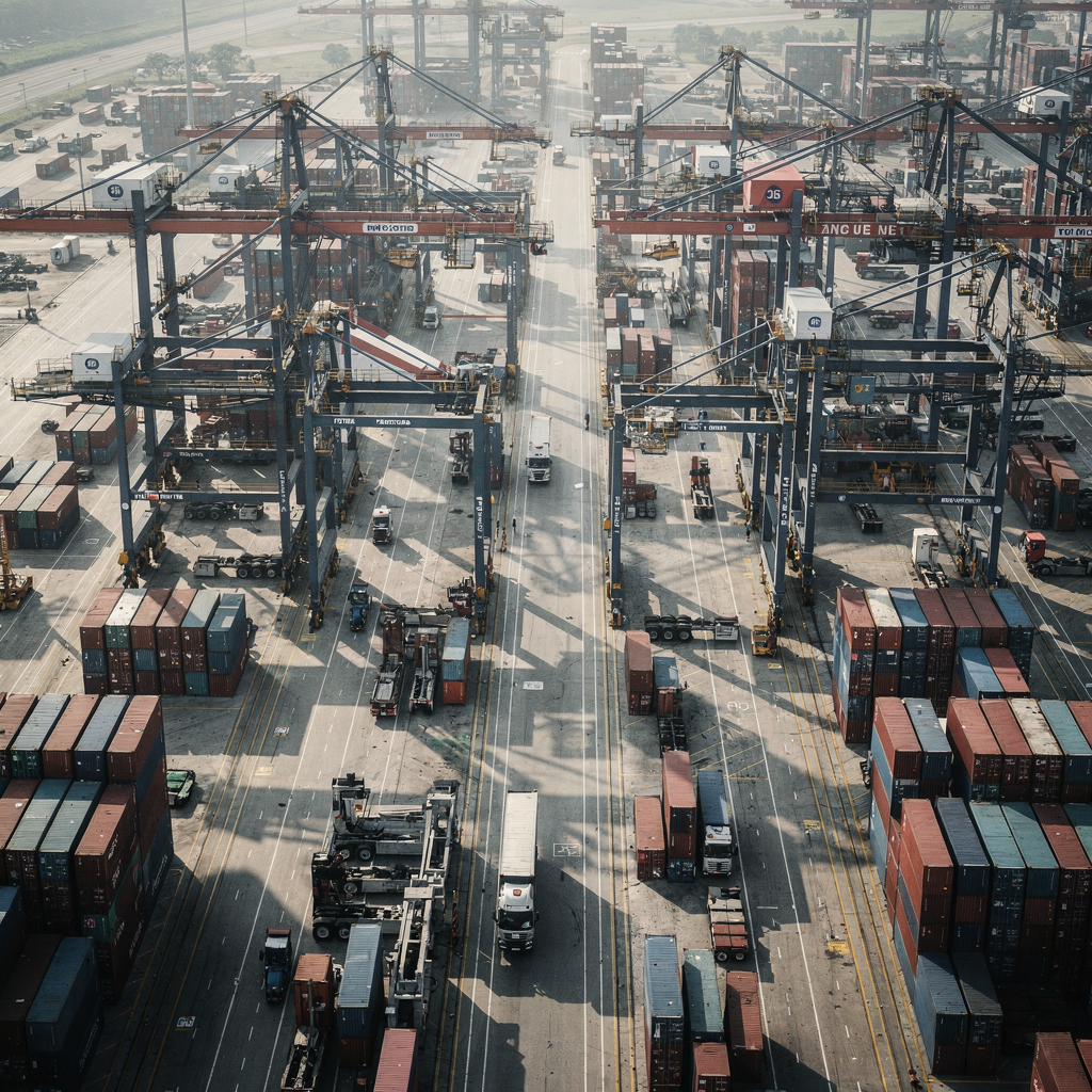 Automated stacking cranes in a terminal yard A busy container terminal yard showing automated stacking cranes, trucks, and stacked containers with clear aisles, aerial view, no text