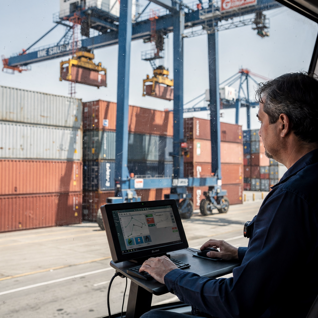 Automated stacking cranes in container yard A busy container yard with automated stacking cranes lifting containers and an operator at a remote-control station; clear weather, no text