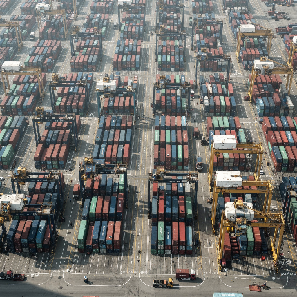 Aerial view of a large automated deepsea container terminal yard showing rows of stacked containers, automated stacking cranes operating on rails, clear lane markings, and quiet efficient movement; no text or numbers