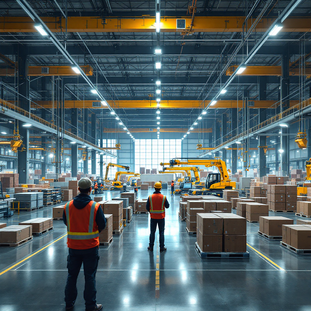 Interior view of a modern automated stacking area with automated cranes moving containers, bright lighting, and clear lanes, showing workers monitoring systems from a safe distance