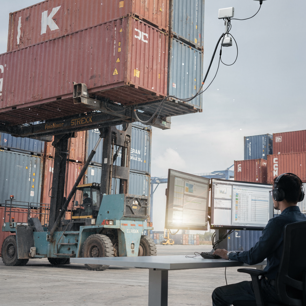 Automated straddle carrier in operation Close-up view of an automated straddle carrier lifting a container stack in a yard with visible IoT sensors and a control room operator observing displays, no text or numbers