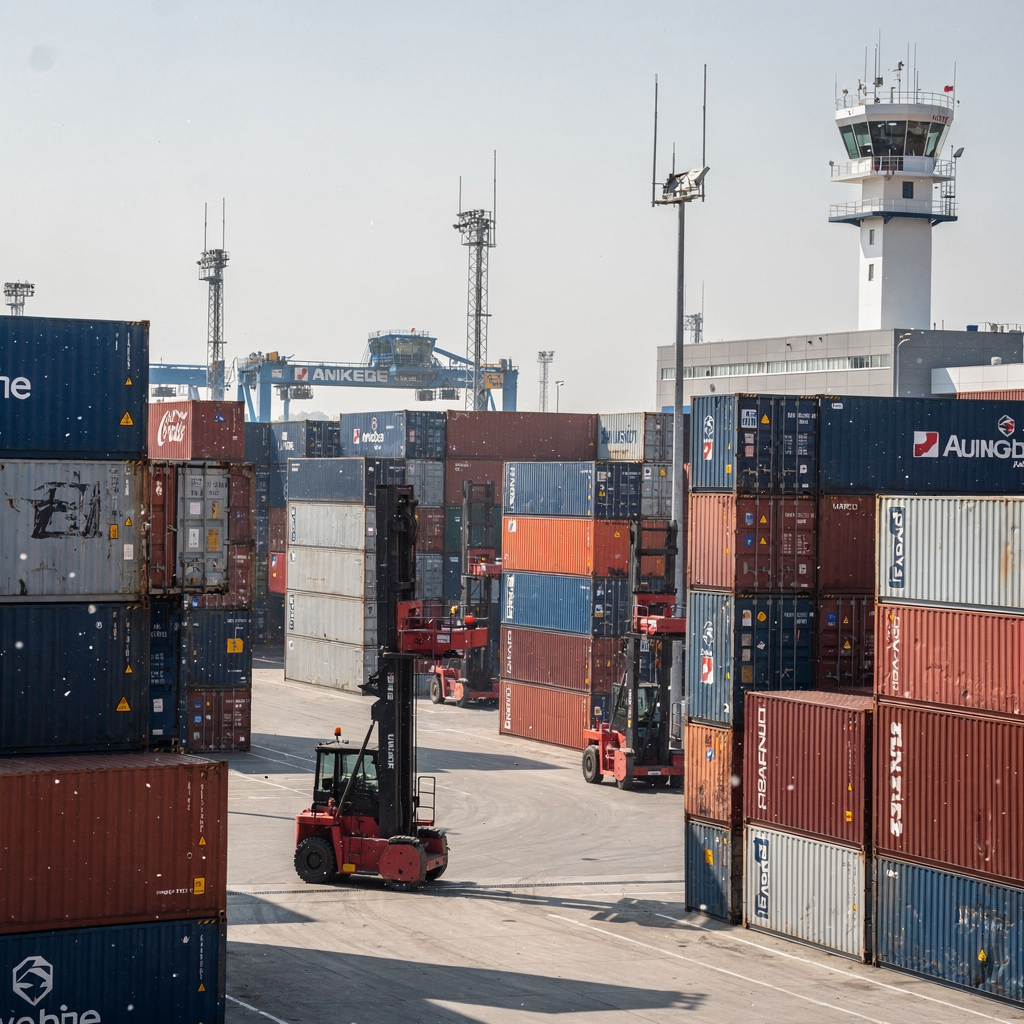 A modern container yard with automated straddle carriers operating between rows of stacked containers, visible telemetry antennas and a control tower in the background, clear sky, daytime