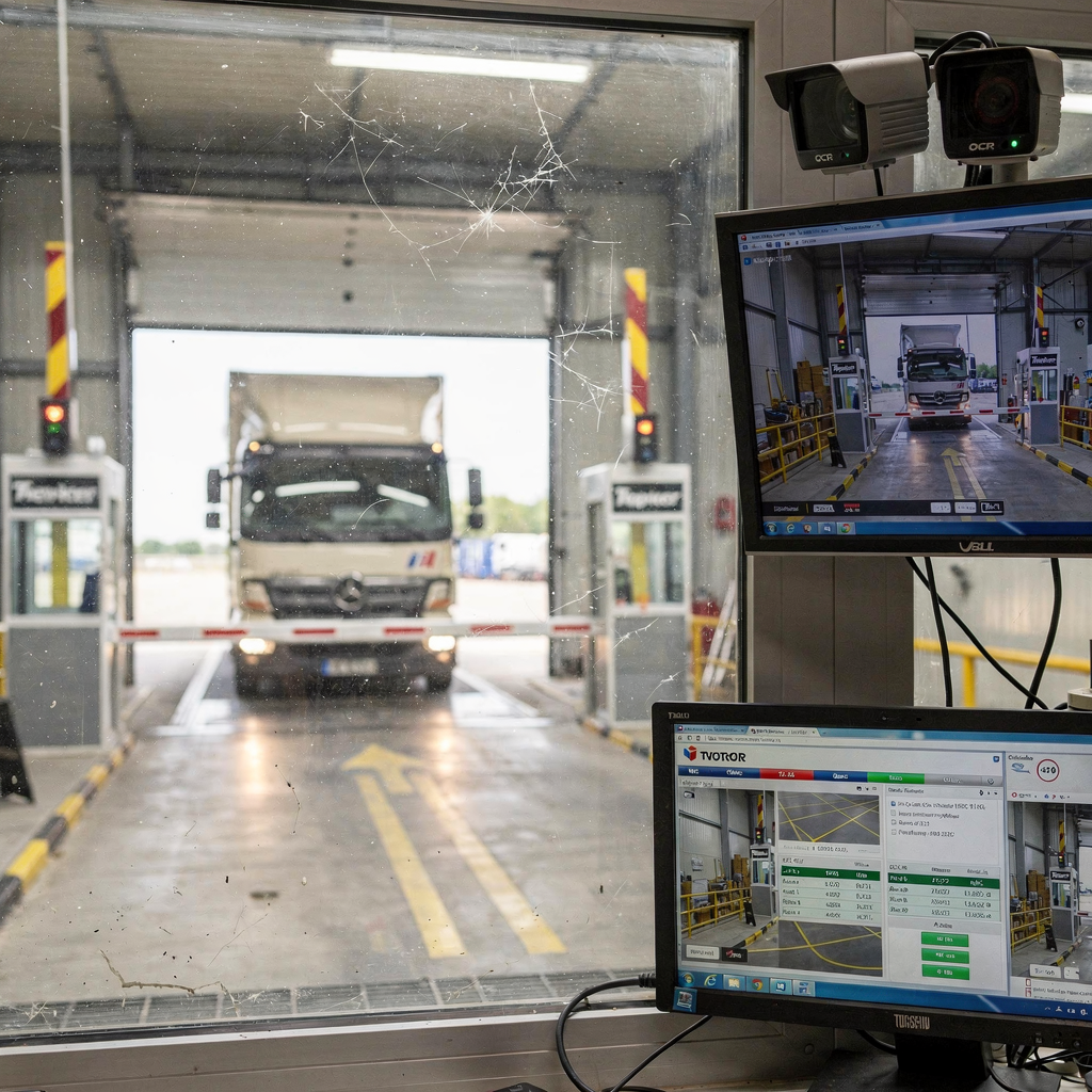 Close-up view of a terminal gate with automated OCR cameras, a truck approaching an automated barrier, and a control room screen showing gate status, no text or numbers
