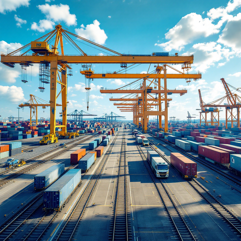 A modern container terminal showing automated guided vehicles and rubber-tired gantry cranes operating together with rail wagons nearby. No text, numbers, or logos in the scene. Clear daylight.