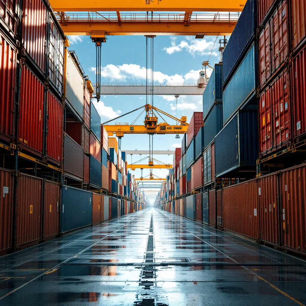 Automated yard crane handling container Close-up of automated yard cranes moving containers in an organised storage yard, clean industrial scene, no text