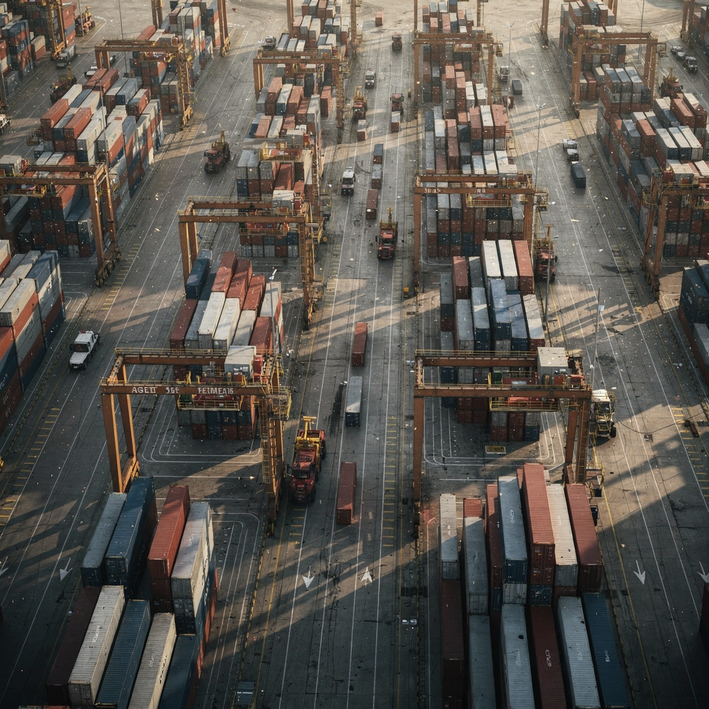 A birds-eye view of an automated container yard showing yard cranes, storage blocks, and AGVs moving along lanes, with clear markings and orderly stacks, late afternoon light