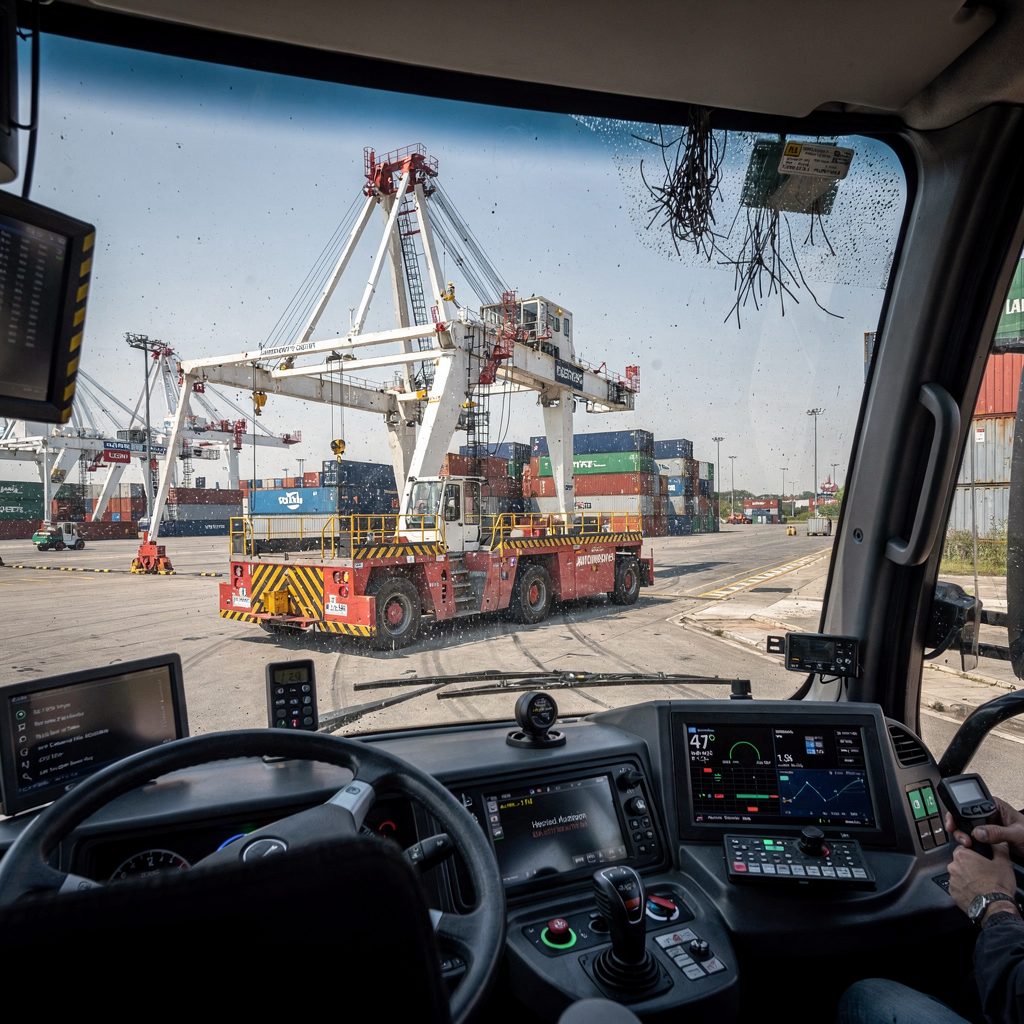 Automated yard cranes and straddle carriers in a terminal yard Autonomous yard crane and straddle carriers operating in a modern terminal yard with digital dashboards visible in the control room, clear sky