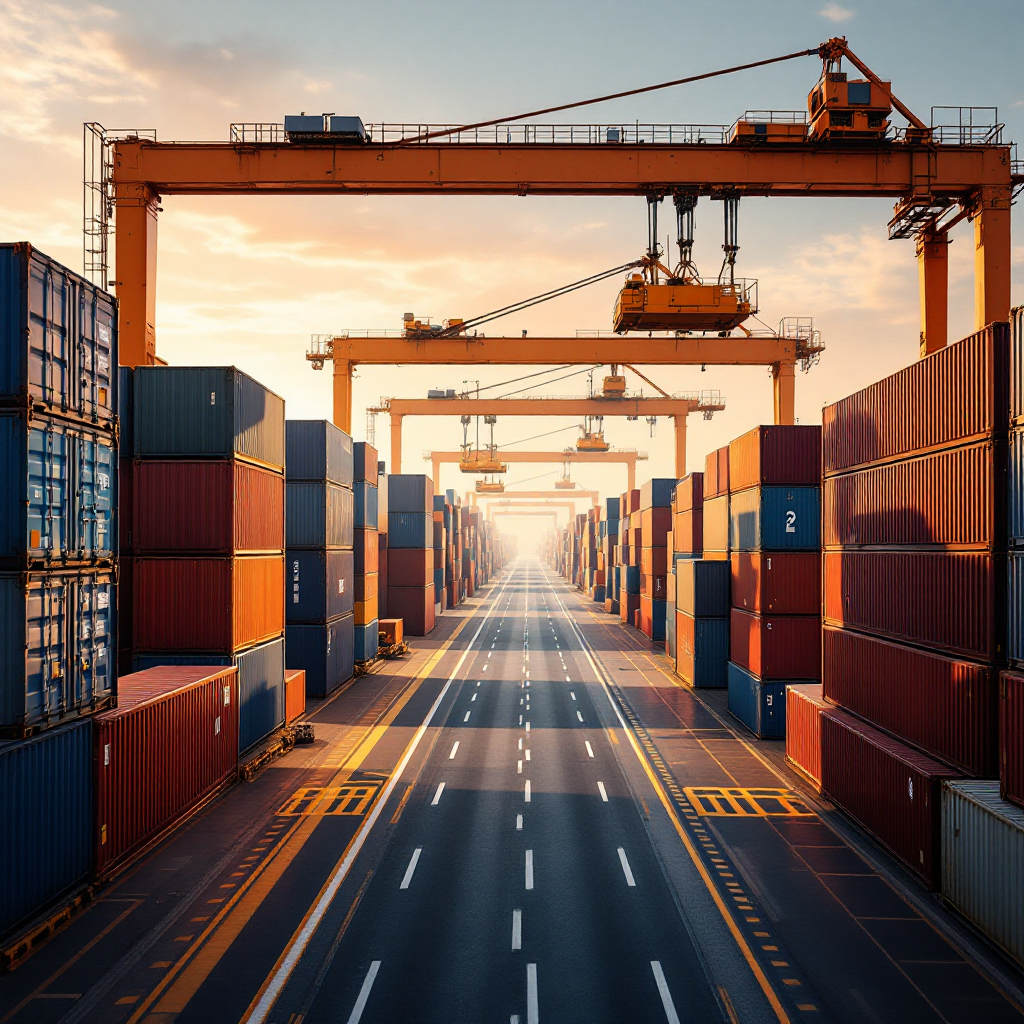 Close-up view of automated yard cranes moving stacks of shipping containers, with a digital overlay suggestion of scheduling lines and vehicle paths, daytime, no text or numbers in the image