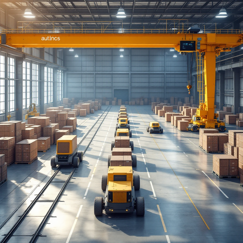 Close-up of an automated yard with autonomous guided vehicles moving containers and a crane in operation, showing clear lanes and digital displays, under soft daylight