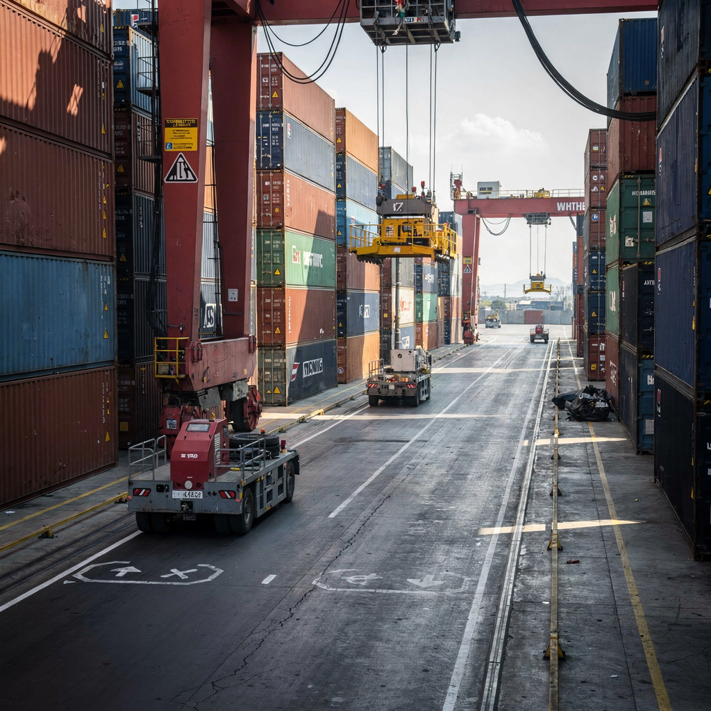 A perspective view inside a container yard showing automated guided vehicles and yard cranes operating together, with clear lanes and stacked containers, highlighting coordinated movements. No text or numbers in image.