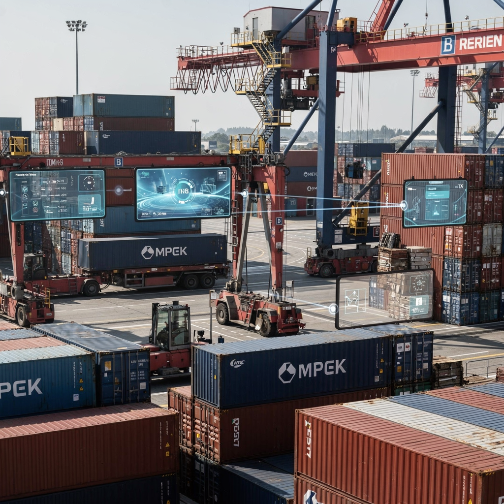 Close-up view of an automated yard with stackers and cranes moving containers guided by real-time displays and sensors, showing smooth coordinated operations under clear lighting