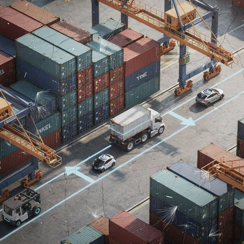 Close-up isometric illustration of autonomous vehicles moving containers between stacks and quay cranes, showing efficient short routes and minimal empty runs, no text