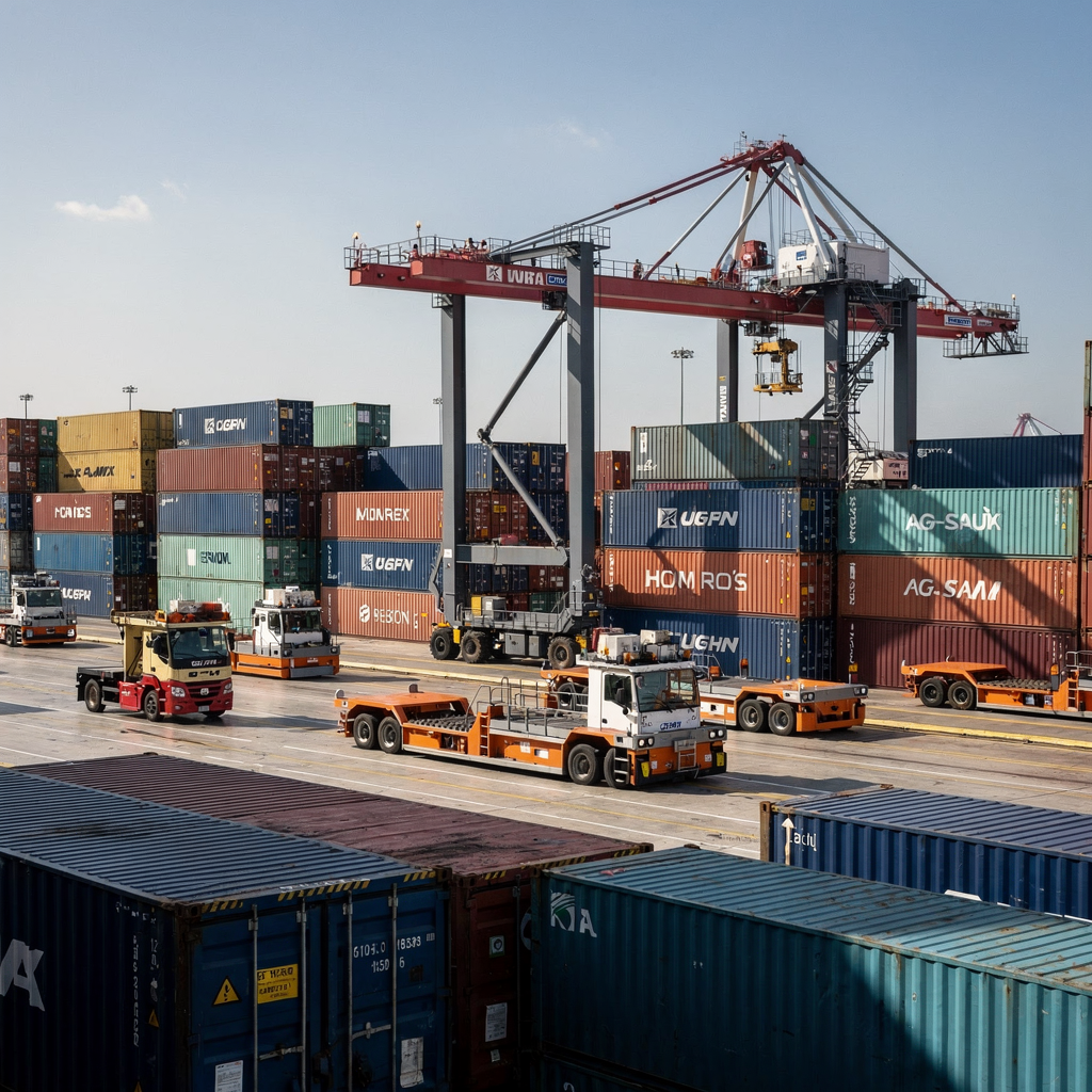 Autonomous container yard with AGVs and quay crane in operation A detailed, close-up view of an autonomous container yard with AGVs and an automated quay crane operating in a coordinated pattern under a clear sky. No text or numbers in the image.