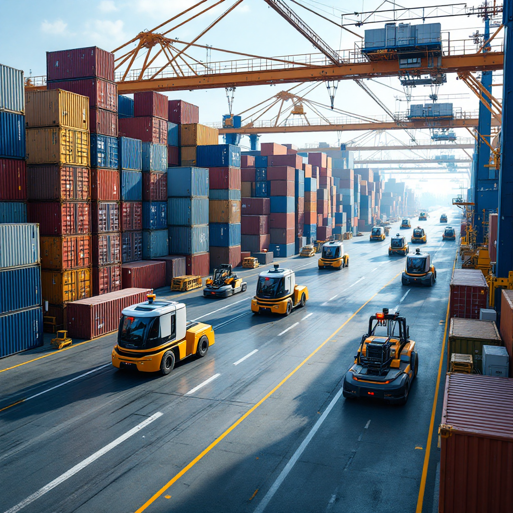 An urban port yard showing autonomous straddle carriers and AGVs operating around stacked containers, with sensors visible on equipment, no text