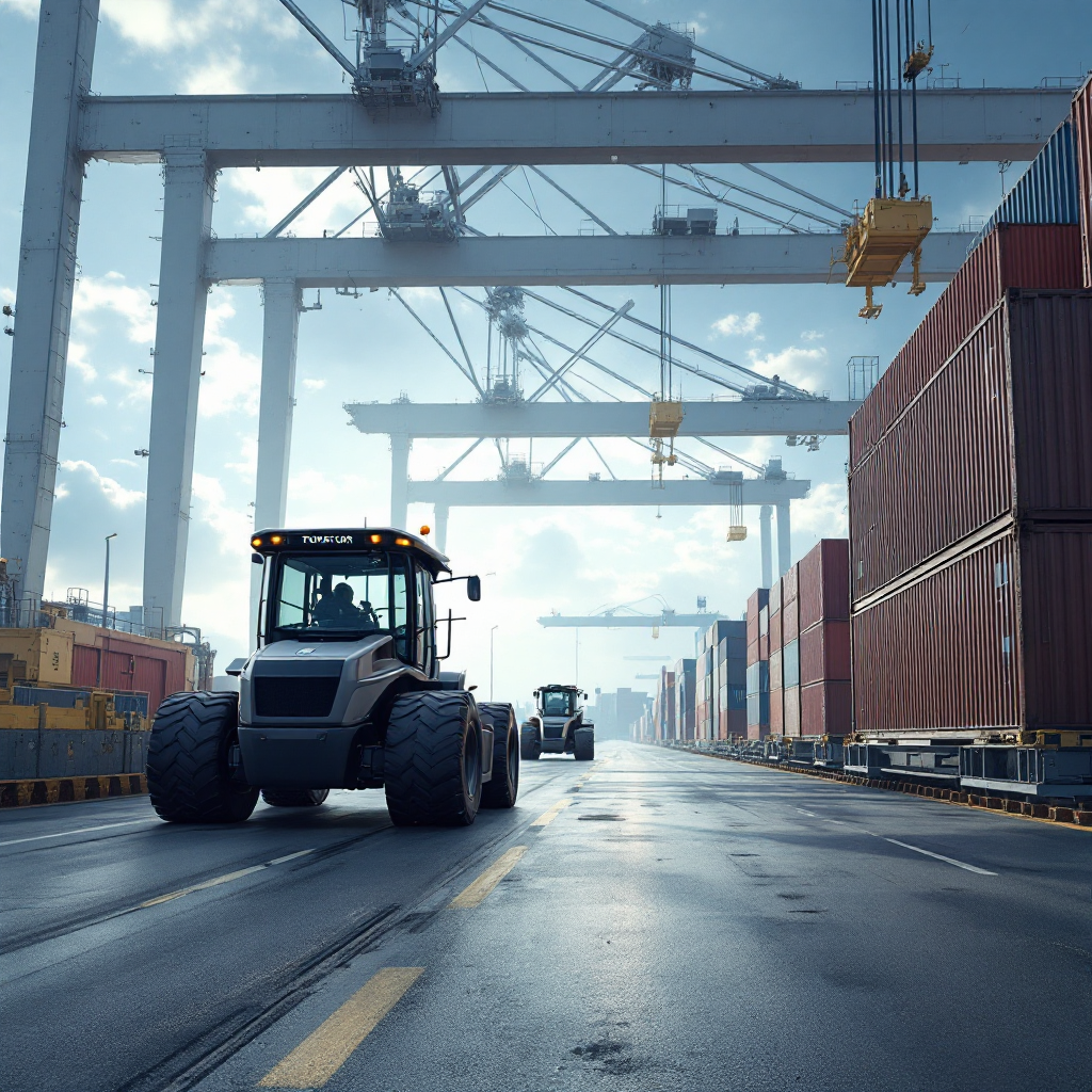 A modern autonomous terminal tractor moving a container between quay and yard, with visible safety barriers and sensors, daytime, high-resolution