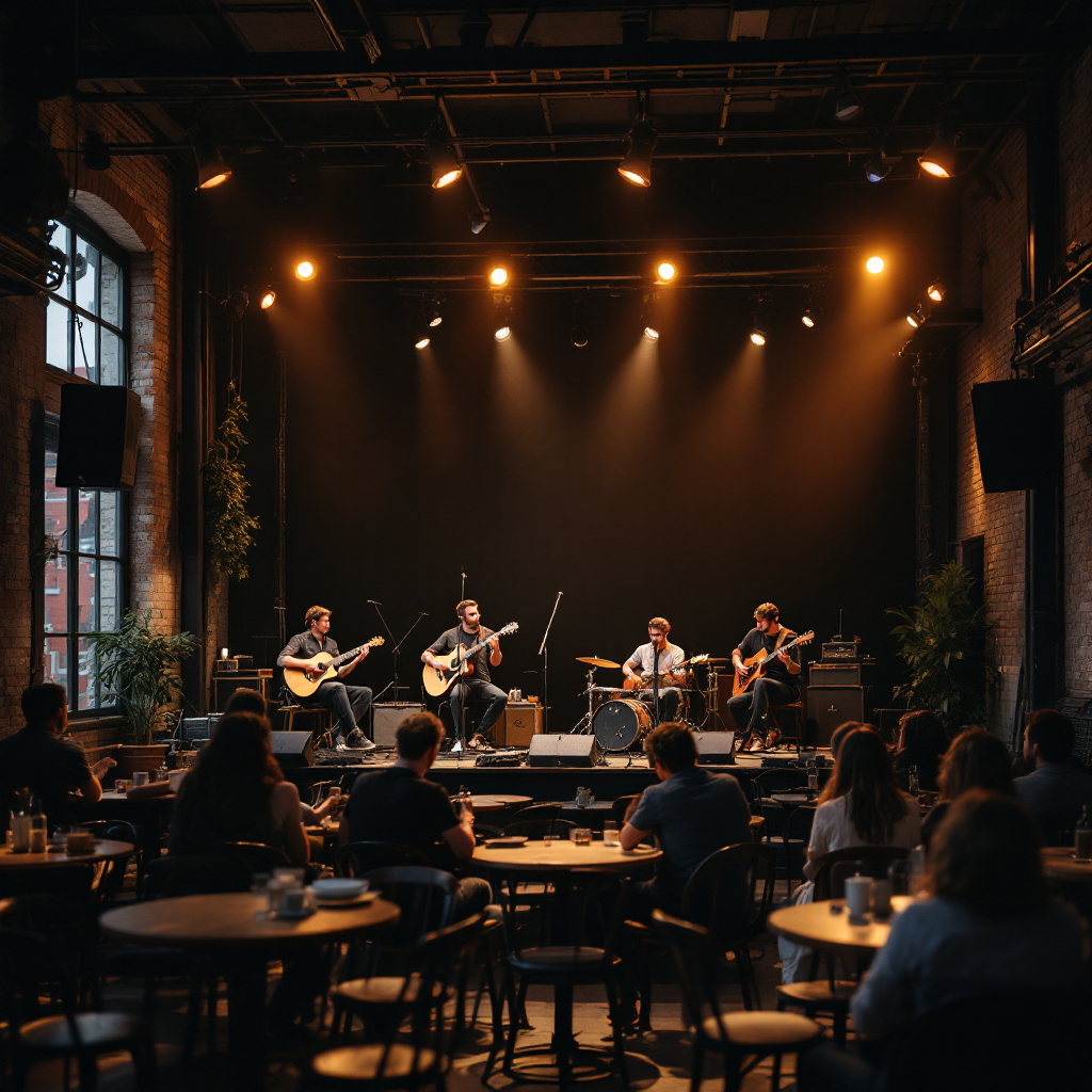 A lively small café stage in an urban neighborhood, with a four-piece band playing acoustic and electric instruments, warm ambient lighting, and an engaged audience seated close to the performers