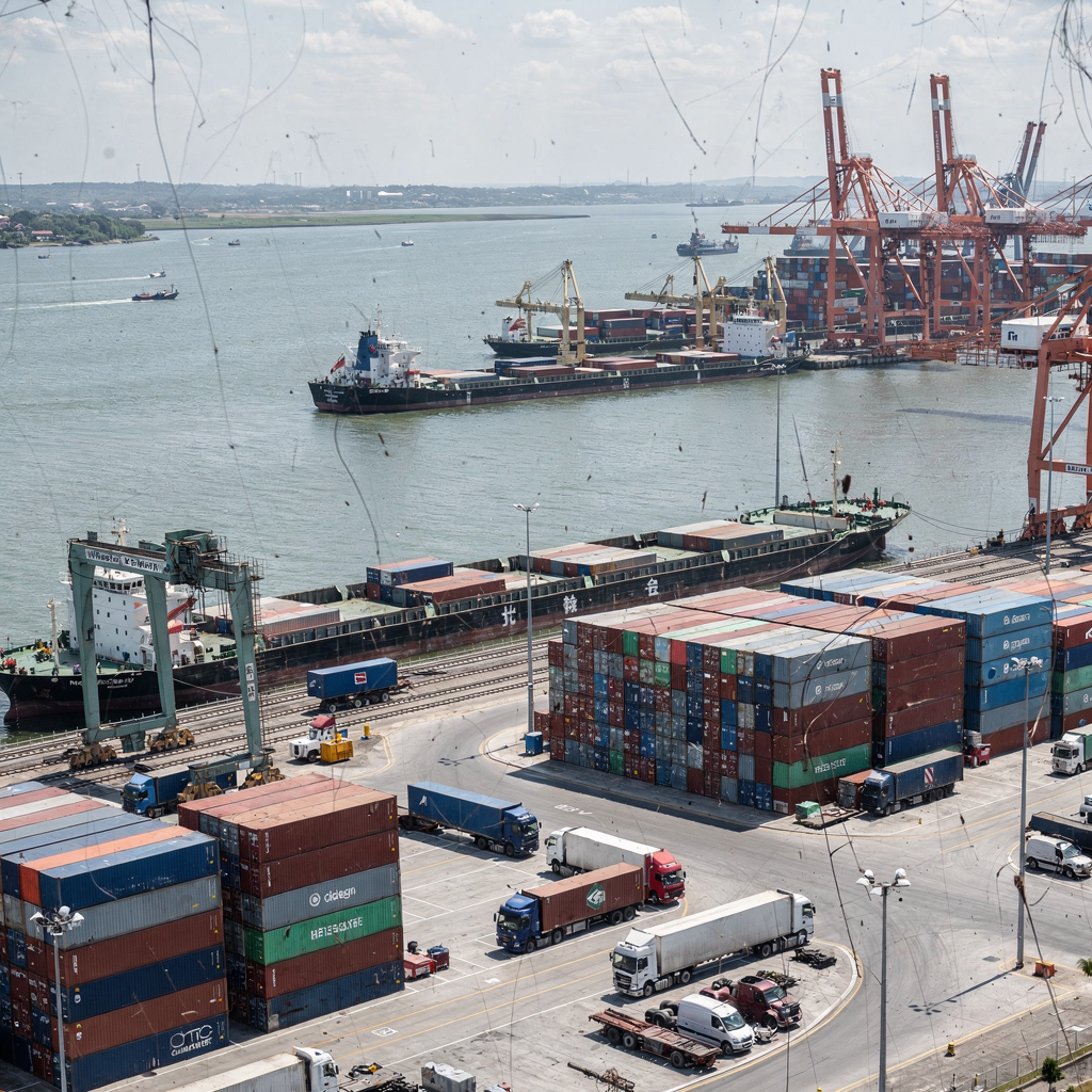 A schematic view of a busy barge-and-rail interface at a container terminal showing barges, cranes, yard stacks and trucks, no text