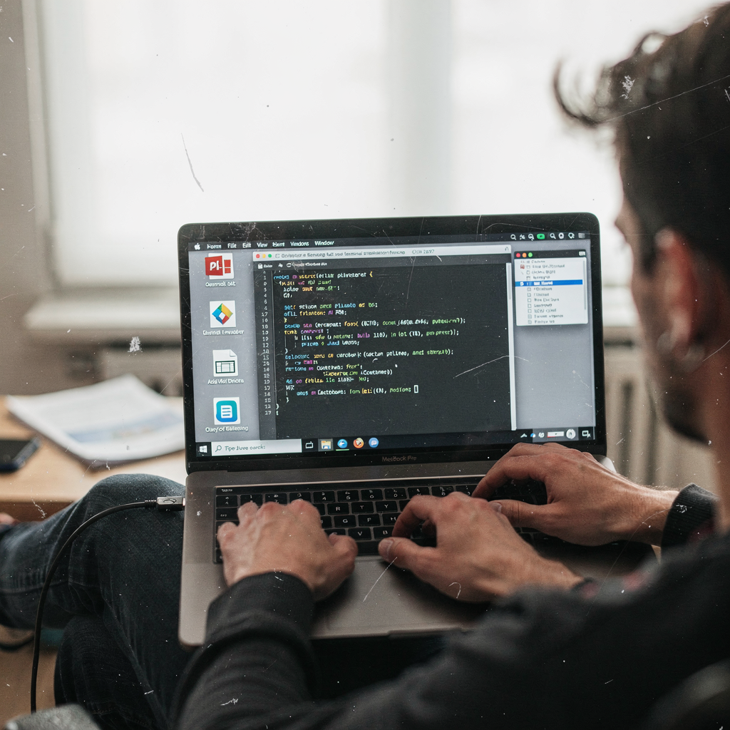 Building a terminal emulator from source on a laptop A developer compiling a terminal emulator from source on a laptop, showing a terminal window with build output, dependency icons, and a small file tree. No text or numbers in image.