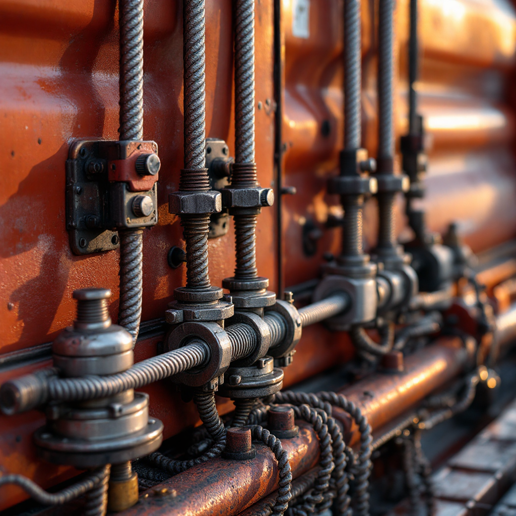 Close-up view of deck fittings, twistlocks, lashing rods and a lashing bridge on a container vessel, showing hardware connections without text.