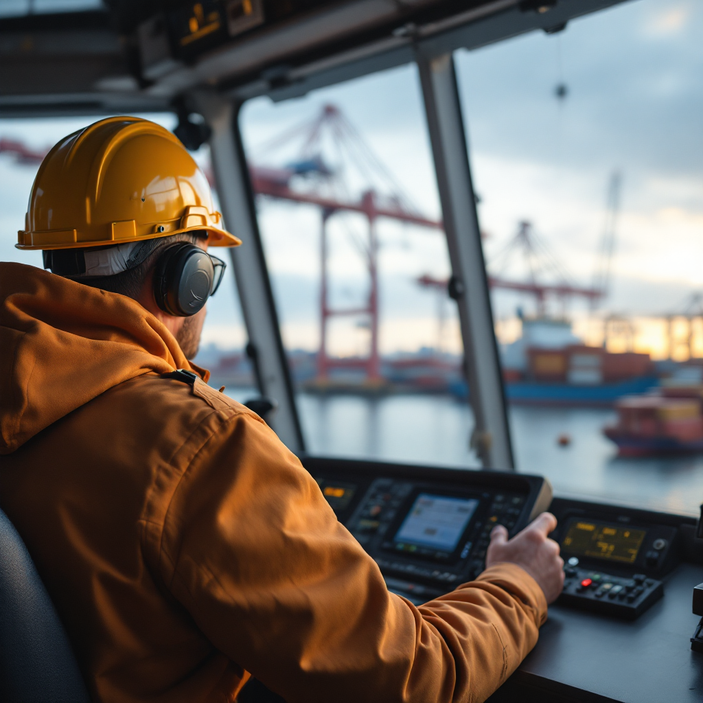 A close-up image of a quay crane operator cabin overlooking a vessel, with the crane boom, spreader, and stacked containers visible in the background; no text or numbers