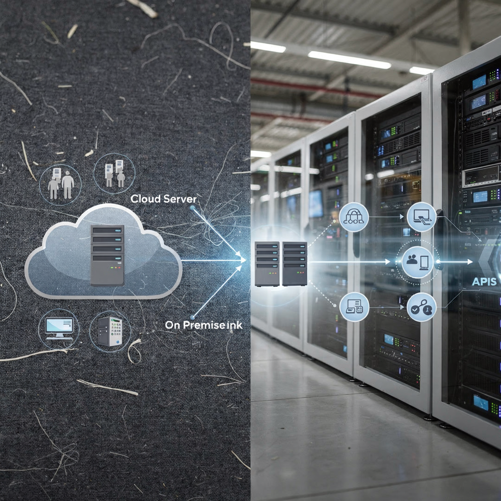 A split-view illustration showing cloud servers on one side and on-premise racks on the other, connected by secure links and APIs