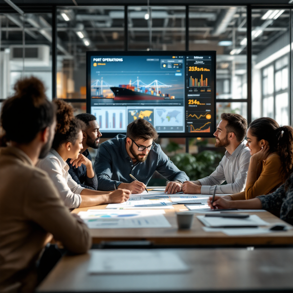 A collaborative planning session showing diverse logistics professionals around a table, large screen displaying a port operations timeline, maps and charts