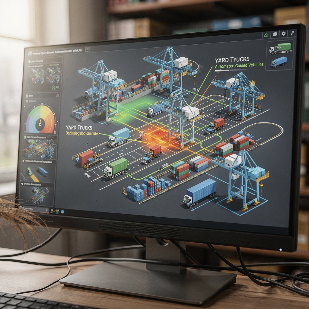 Component interaction diagram for container terminal A detailed, stylized diagram showing interactions between quay cranes, automated guided vehicles, and yard trucks with heatmaps of congestion and lines indicating vehicle paths, displayed on a control console