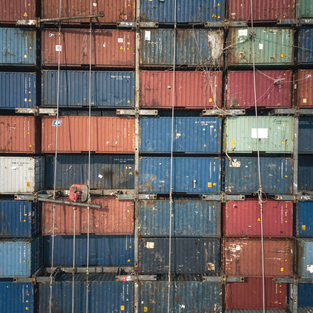 Container deck with twist locks and lashing rods Top-down view of a container ship deck with neatly arranged containers and visible twist locks and lashing rods, no text or numbers
