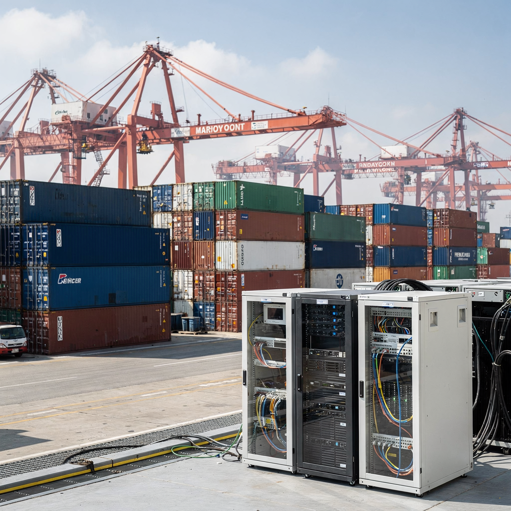 Container port with on-site edge infrastructure A busy modern container port during daytime with cranes, stacked containers, on-site servers cabinets and edge gateways installed near equipment, showing industrial technology without any text or logos