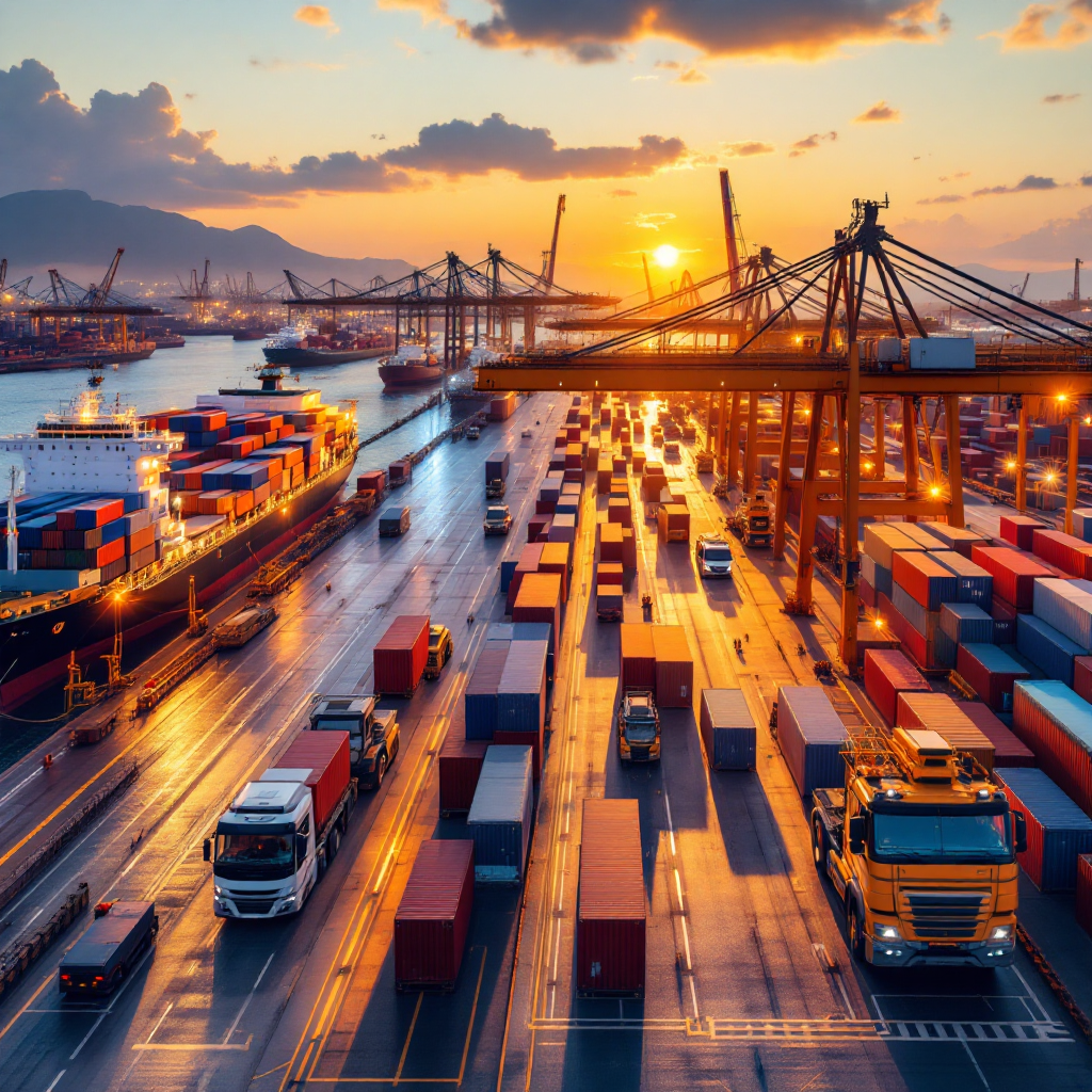 A busy container quay at dawn showing ships berthed and shore power connections being installed, cranes and electric yard vehicles operating, with clear skies and visible solar panels on terminal roofs