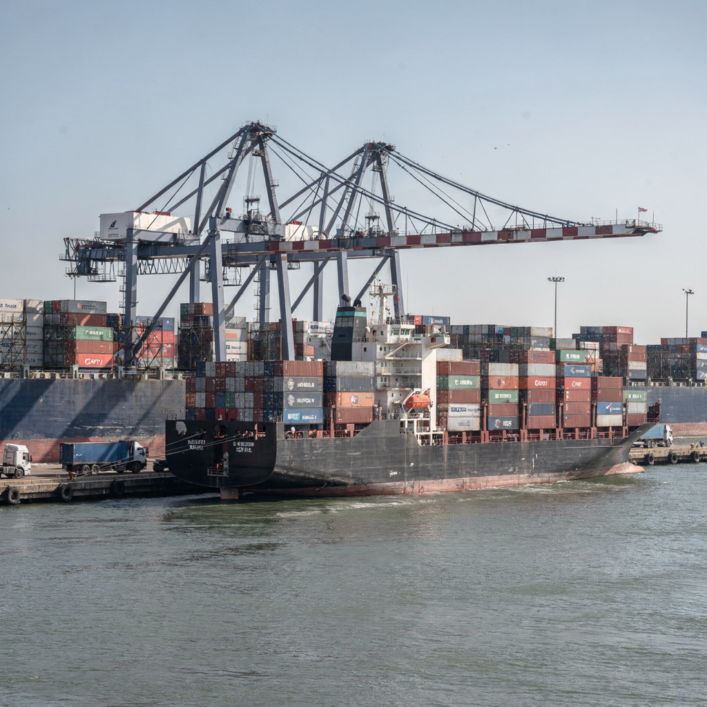 A container ship at berth with quay cranes unloading containers, visible stacks in the yard and trucks arriving, clear sky, no text