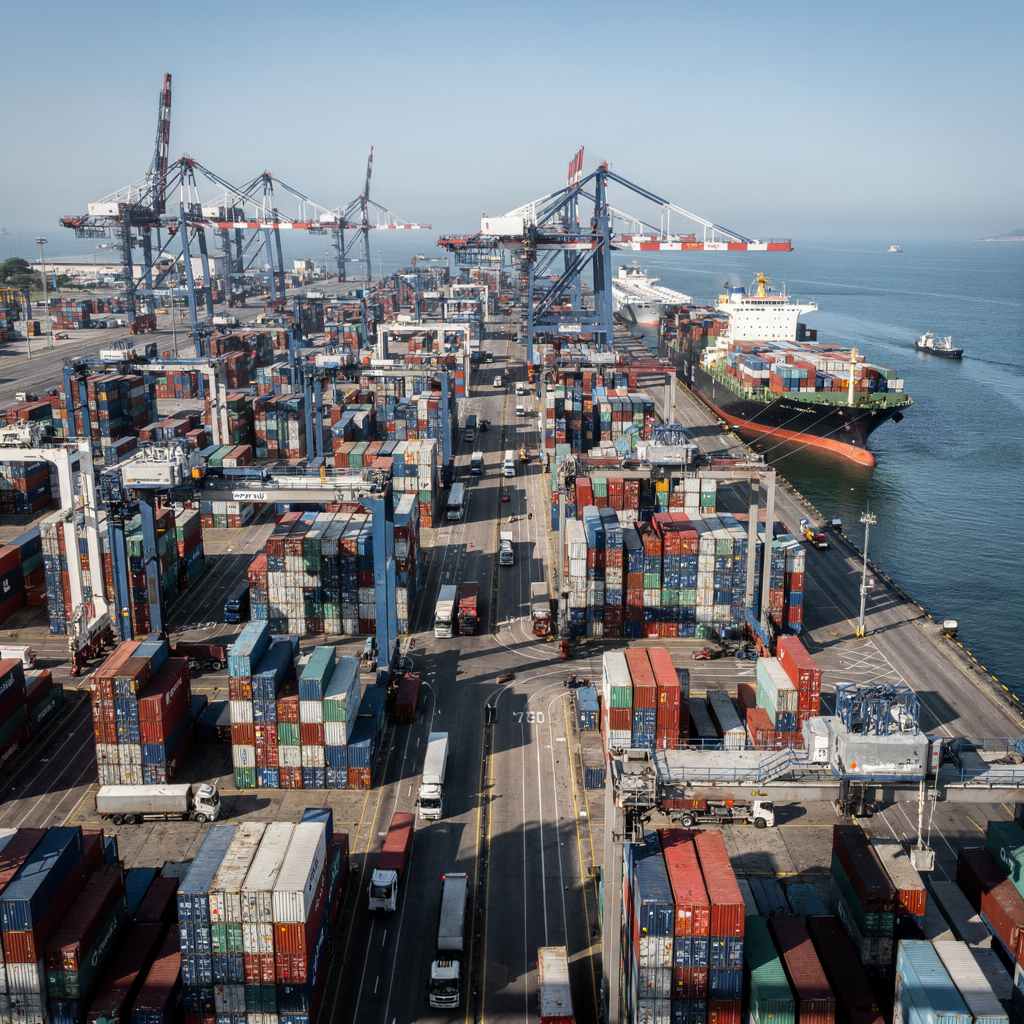 Container terminal aerial view with cranes and trucks Aerial view of a container terminal showing quay cranes, stacked yard blocks, trucks moving along lanes and container ships alongside berths, clear sky, high detail, realistic