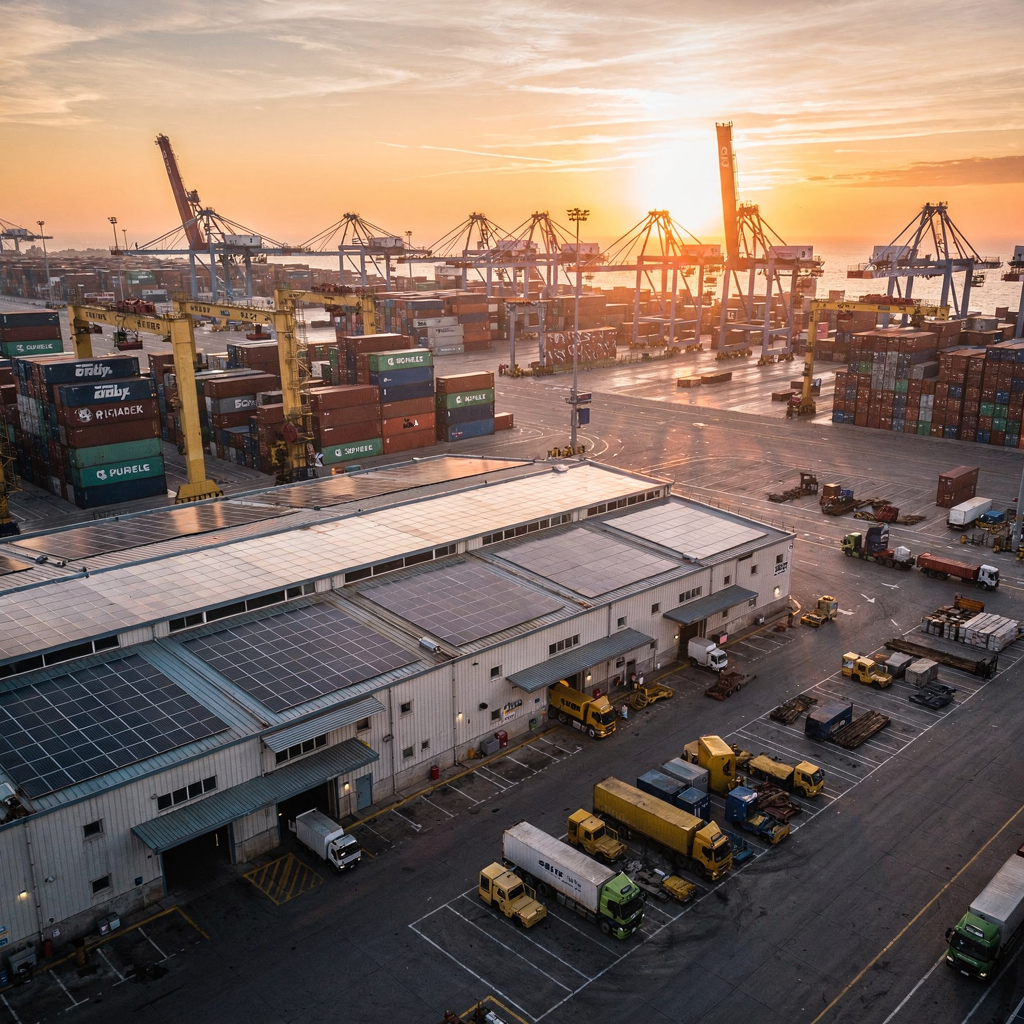 Aerial image of a large container terminal at sunset with cranes, yard stacks, and electric yard trucks, showing solar panels on terminal buildings, no text