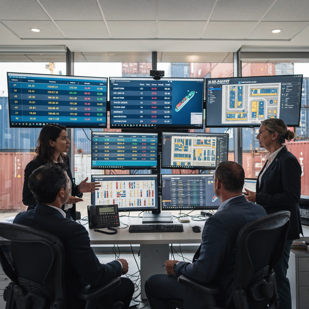 Container terminal control room with AI dashboards A modern container terminal control room with large displays showing vessel schedules, yard maps, and AI agent workflows, operators discussing plans in front of screens