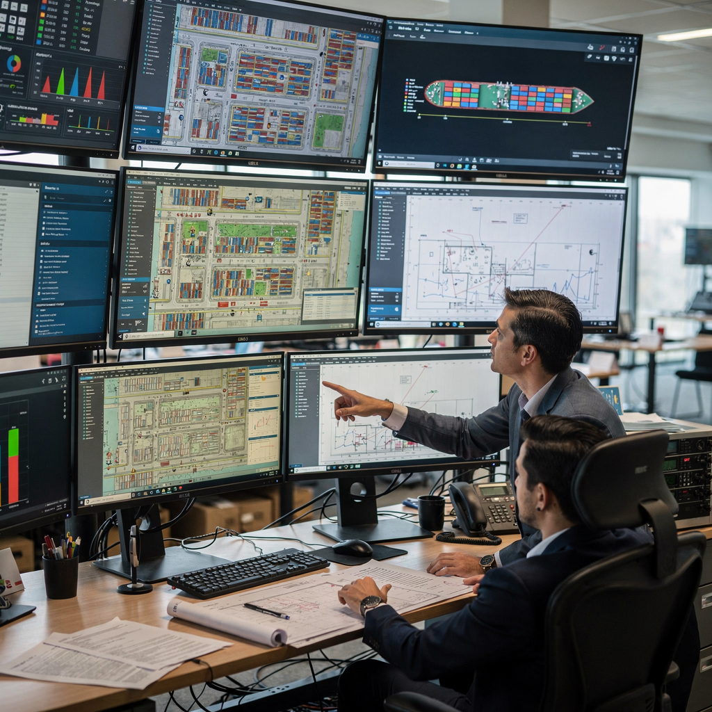 Container terminal control room with real-time dashboards A busy container terminal control room with large display screens showing yard maps, vessel berths, and dashboards; operators collaborating and pointing at charts, modern equipment in background