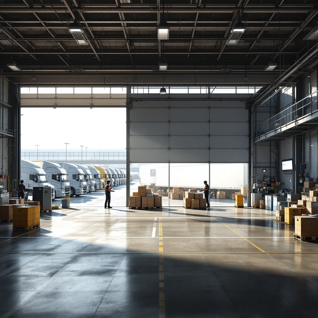 Terminal gate area with trucks lined up, gate scanners, digital displays, and yard workers coordinating with a terminal operations center visible in background