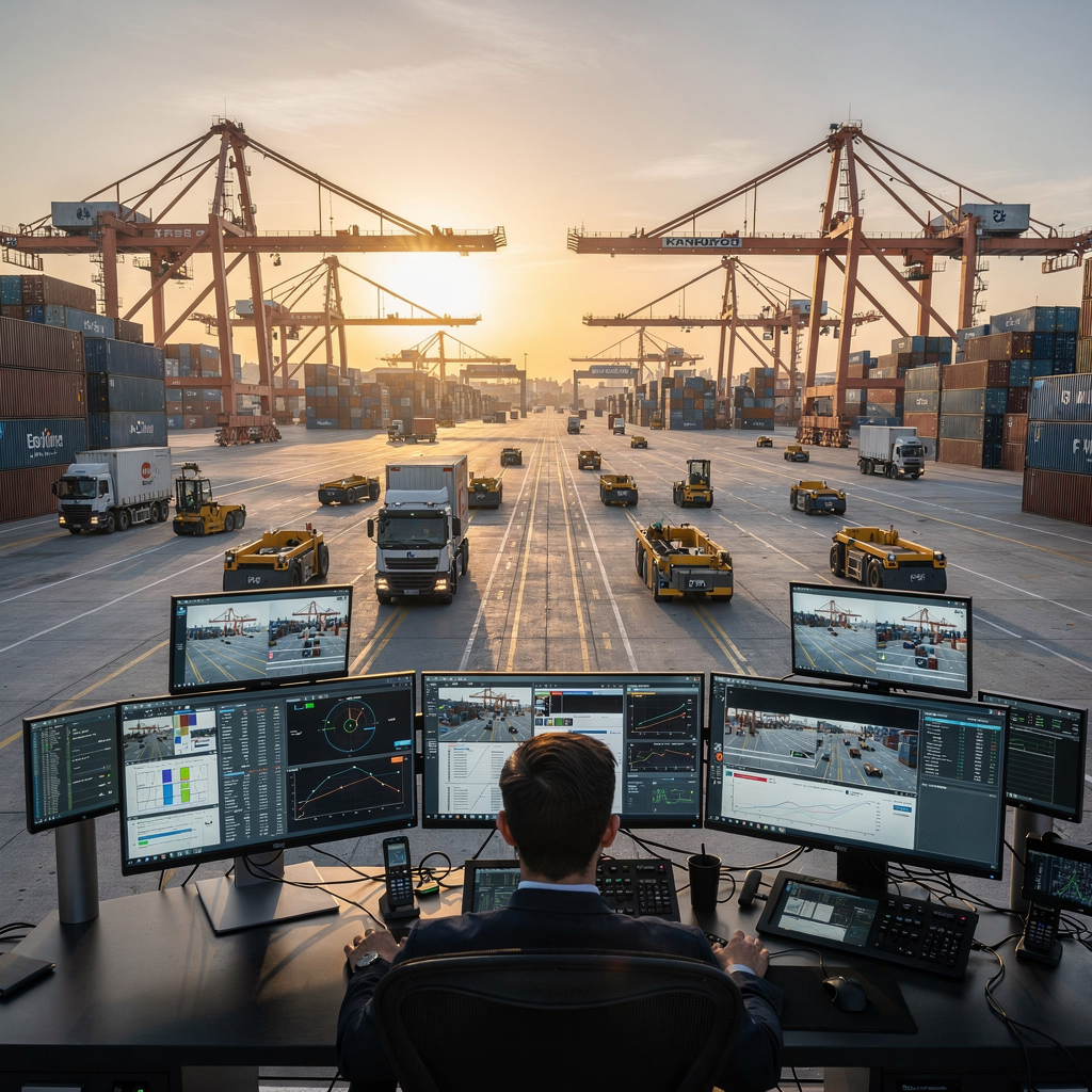 A modern container terminal at sunrise showing cranes, automated guided vehicles, trucks, and a control room with operators watching multiple large screens displaying live telemetry